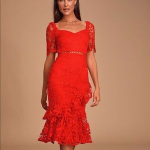 Lulus Briarwood Red Lace Ruffled Midi Dress